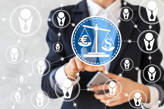 businesswoman presses balance sign. Businessman toched scale button. Network people world bank currency. Money, judge, business, security, internet. Justice icon, court, tribunal, stock, finance, euro