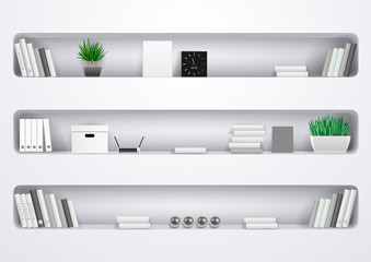 White office shelves or living room with books and office documents, literature, and household items. Vector graphics