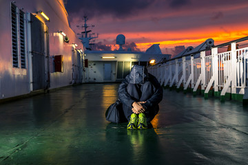 Young man is sitting on the deck during sunset