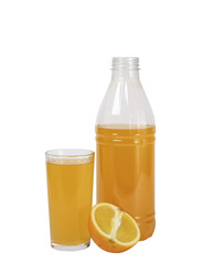 glass and a bottle of orange juice isolated on white background