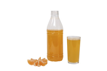 glass and a bottle of orange juice isolated on white background