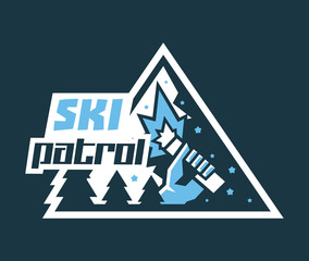 Logo ski patrol. The emblem etiquette icon. In his hand a burning beacon. Help in an emergency. Winter landscape, mountains, forest, stars. Sports lifestyle security. Vector illustration