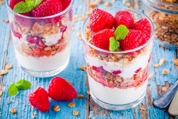 Healthy breakfast: yogurt parfait with granola and fresh raspberries