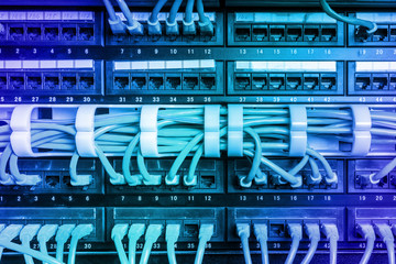 Server rack with blue cables