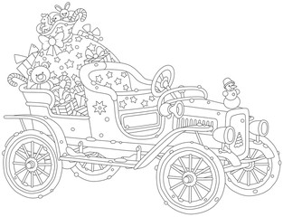 Old car of Santa Claus with his big bag of Christmas presents