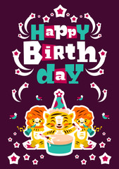 Greeting card happy birthday. Designed for printing invitations, wishes. Music Orchestra. Tiger plays the drum, lion playing the flute. Sprockets, fireworks. Vector illustration