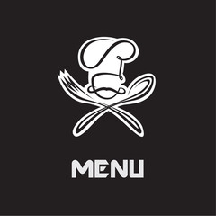 menu design with hat, fork and spoon on black background