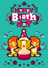 Greeting card happy birthday. Designed for printing invitations, wishes. Music Orchestra. Tiger plays the drum, lion playing the flute. Sprockets, fireworks. Vector illustration