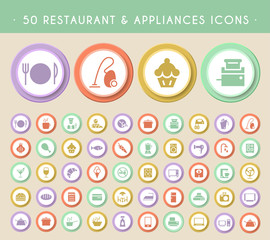 Set of 50 Restaurant and Home Appliances Icons on Circular Colored Buttons. Vector Isolated Elements.