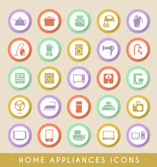 Set of Home Appliances Icons on Circular Colored Buttons. Vector Isolated Elements.