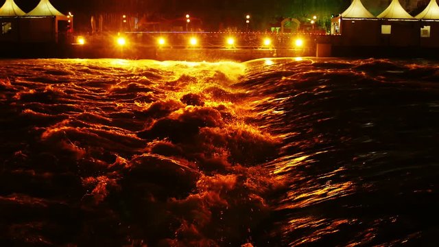 Rome, flood of the river Tiber night, artificial lighting, 4k footage