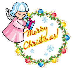 Round holiday label with angels and greeting text "Merry Christmas!". 