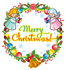 Round holiday label with angels and greeting text 