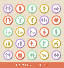 Set of Family Icons on Circular Colored Buttons. Vector Isolated Elements.
