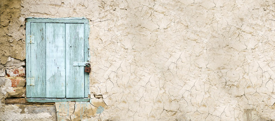 Website banner of a blue wooden window with copy space