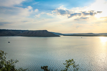 Sunset on mountain lake