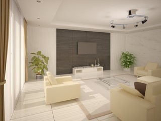 Modern living room with stylish furniture and original rear background.