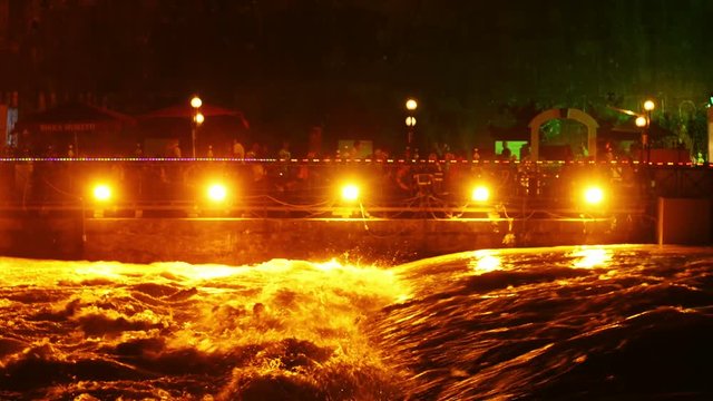 Rome, flood of the river Tiber night, artificial lighting, 4k footage