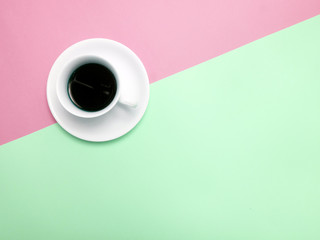 Top view of colorful cup of coffee and glasses  on color  background for create idea for business or design .Relax coffee time (flat lay)