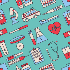 Medicine. Seamless pattern. Vector flat line illustrations.