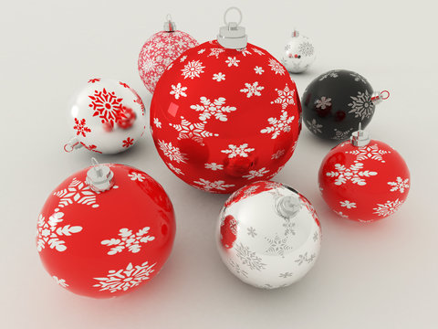 3D render of red, black and white holiday decoration baubles