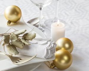 Fototapeta na wymiar Christmas table setting. Holiday Decorations.