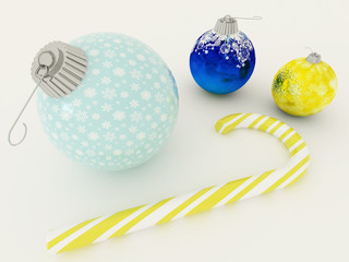 3D render of blue and gold holiday decoration baubles with candy cane