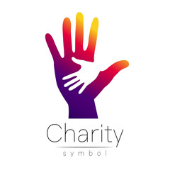 Vector illustration. Symbol of Charity. Sign hand isolated on white background.Violet Icon company, web, card, print. Modern bright element. orphans Help kids campaign. Family children