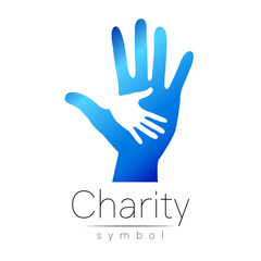 Vector illustration. Symbol of Charity. Sign hand isolated on white background.Blue Icon company, web, card, print. Modern bright element. orphans Help kids campaign. Family children
