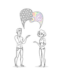 Collaboration of two people. Creative woman and man analyst. Business sketch vector illustration.