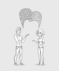 Collaboration of two people. Creative woman and man analyst. Business sketch vector illustration.