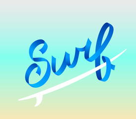 Obraz premium Surfing logo. Surf calligraphy, typography element, t-shirt graphics. Vector illustration. Volumetric letters