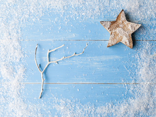 Blue wood texture with snow christmas background