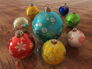 3D render of multicolour holiday decoration baubles on wooden background