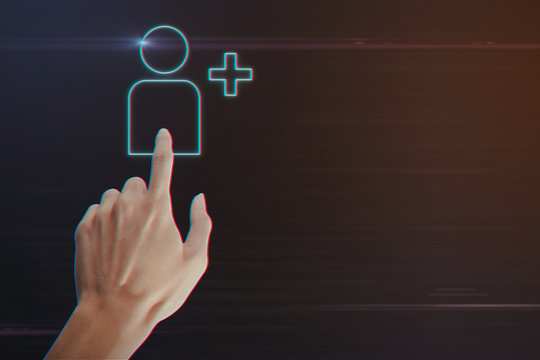 Human Hand Pressing Add Friend Icon on Light Motion Background and Lens Flare - Digital 3d Effect Style Color
