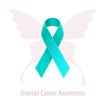 Ovarian Cancer Awareness Teal Ribbon over butterfly silhouette isolated on white background