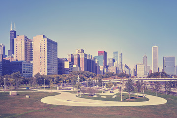 Fototapeta na wymiar Vintage toned photo of Chicago city downtown, USA