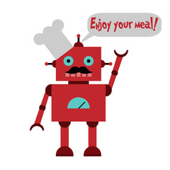 Vector illustration of a toy Robot in toque with mustache and text Enjoy your meal!