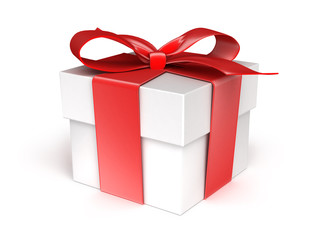 Gift box with red ribbon on white background 3d illustration
