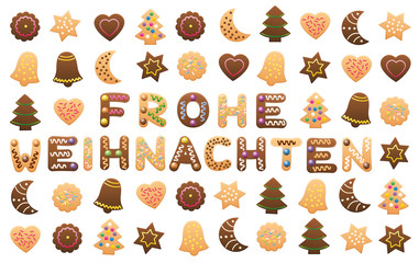 FROHE WEIHNACHTEN - Merry Christmas in german, written among christmas cookies and gingerbread cookies.