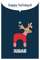 Vector xmas cute greeting card with adorable reindeer in knitted sweater. Xmas card with a wish to spend happy new year holidays.