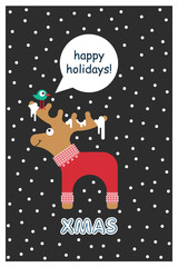 Vector xmas cute greeting card with adorable elk in knitted sweater. Xmas card with a wish to spend happy new year holidays.