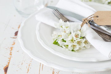 Fototapeta na wymiar Spring table setting with white flowers