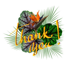 Thank you card with palm tree leaves and flowers. Vector illustration.