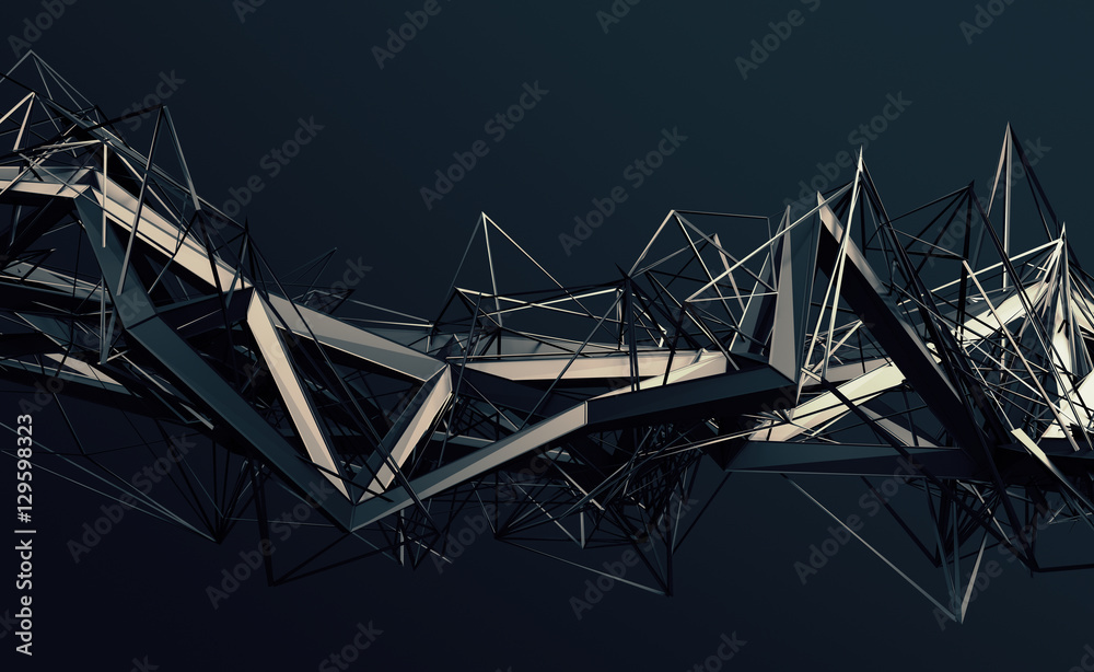 Poster Abstract 3d rendering of chaotic plexus surface. Contemporary background with futuristic polygonal shape. Distorted low poly object with sharp lines.