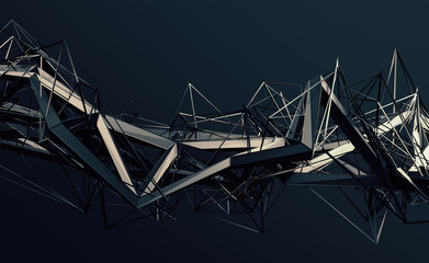 Abstract 3d rendering of chaotic plexus surface. Contemporary background with futuristic polygonal shape. Distorted low poly object with sharp lines.