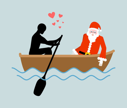 Christmas Lover. Man and Santa Claus and ride in boat. Lovers of