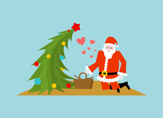 Santa Claus and Christmas tree at picnic. Christmas food in natu