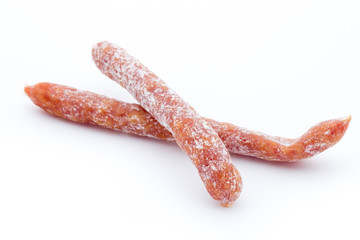 Smoked sausage salami isolated on a white background.