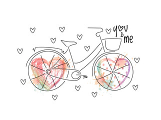 Abstract vintage bicycle, wheels illustrated with vector ombre print hearts with splashes and polka dots. White background.